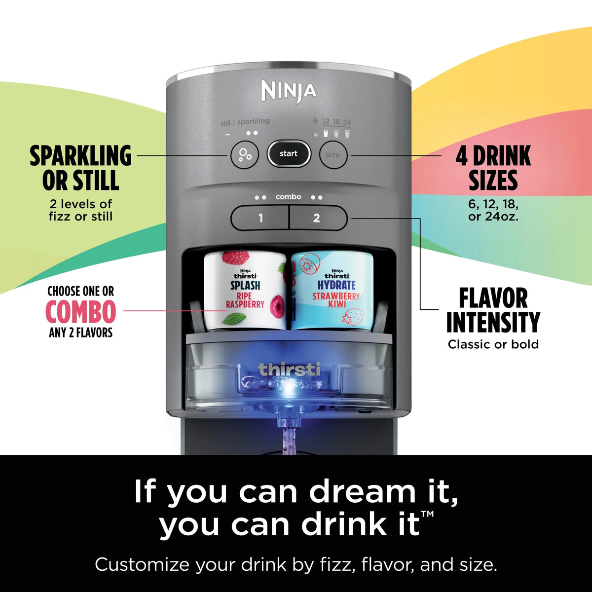 2026 NewNinja Thirsti Drink System Complete Still and Sparkling Customization Drink Kit with CO2 Canister, Flavors, and 48oz Reservoir