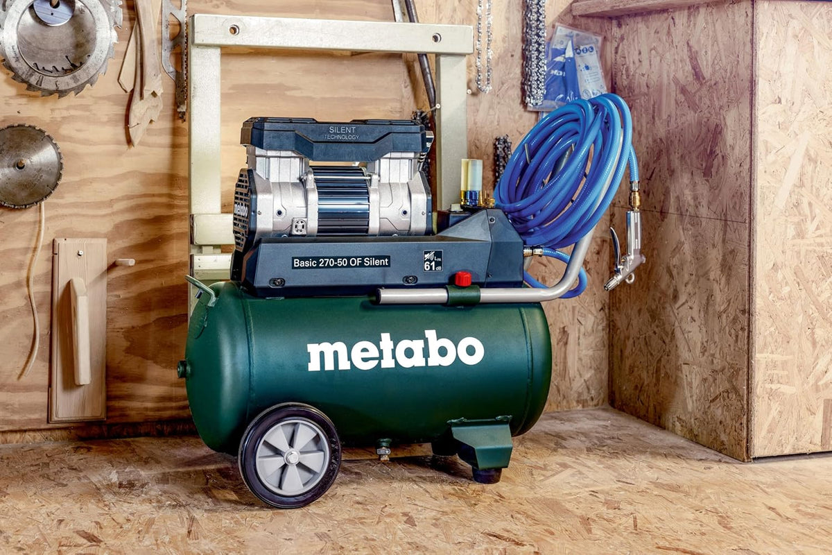 2026 Compresor silencioso Metabo Basic 270-50 OF, 50 L, 10 bar, 130 l/min, portátil y sin aceite para taller, con acoplamiento