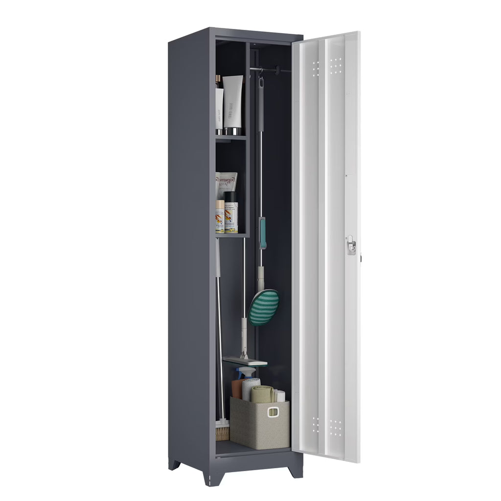 2026 NewMarcree Slim Broom Storage Cabinet, Metal Cabinet with Shelves and Hanging Rod, 65" Utility Storage Cabinet with Locking Door, Tall Cleaning Storage Cabinet for Kitchen, Pantry, Office, Shop, Garage