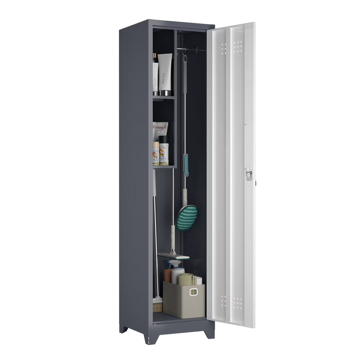 2026 NewMarcree Slim Broom Storage Cabinet, Metal Cabinet with Shelves and Hanging Rod, 65" Utility Storage Cabinet with Locking Door, Tall Cleaning Storage Cabinet for Kitchen, Pantry, Office, Shop, Garage