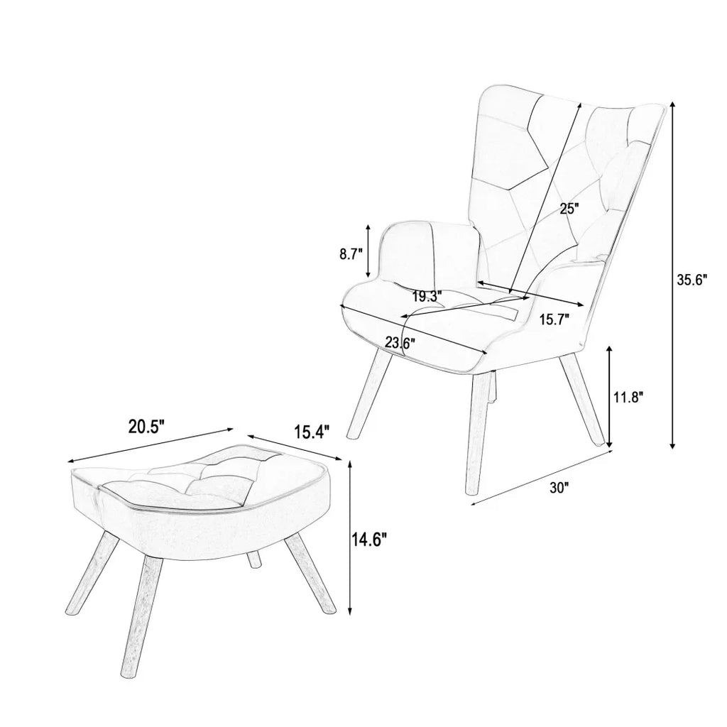 2026 NewModern Accent Chair with Solid Wood Legs and High Wing Backrest, Side Chair Set with Ottoman, Comfy Side Armchair for Living Room, Reading Room, Bedroom, Colorful Patchwork