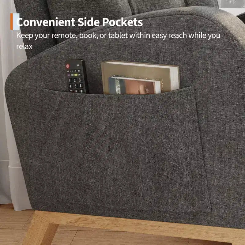 2026 Sillón mecedora deslizante tapizado con bolsillo lateral, estructura de madera, 1 plaza