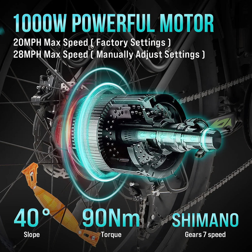 2026 NewElectric Bike for Adults,1000W E Bikes for Men,26" Fat Tire Electric Bikes,48V 17.5AH Battery,28MPH,7 Speed&Dual Hydraulic Disc Brakes,LCD Screen,60Miles Range,Electric Mountain Bicycle
