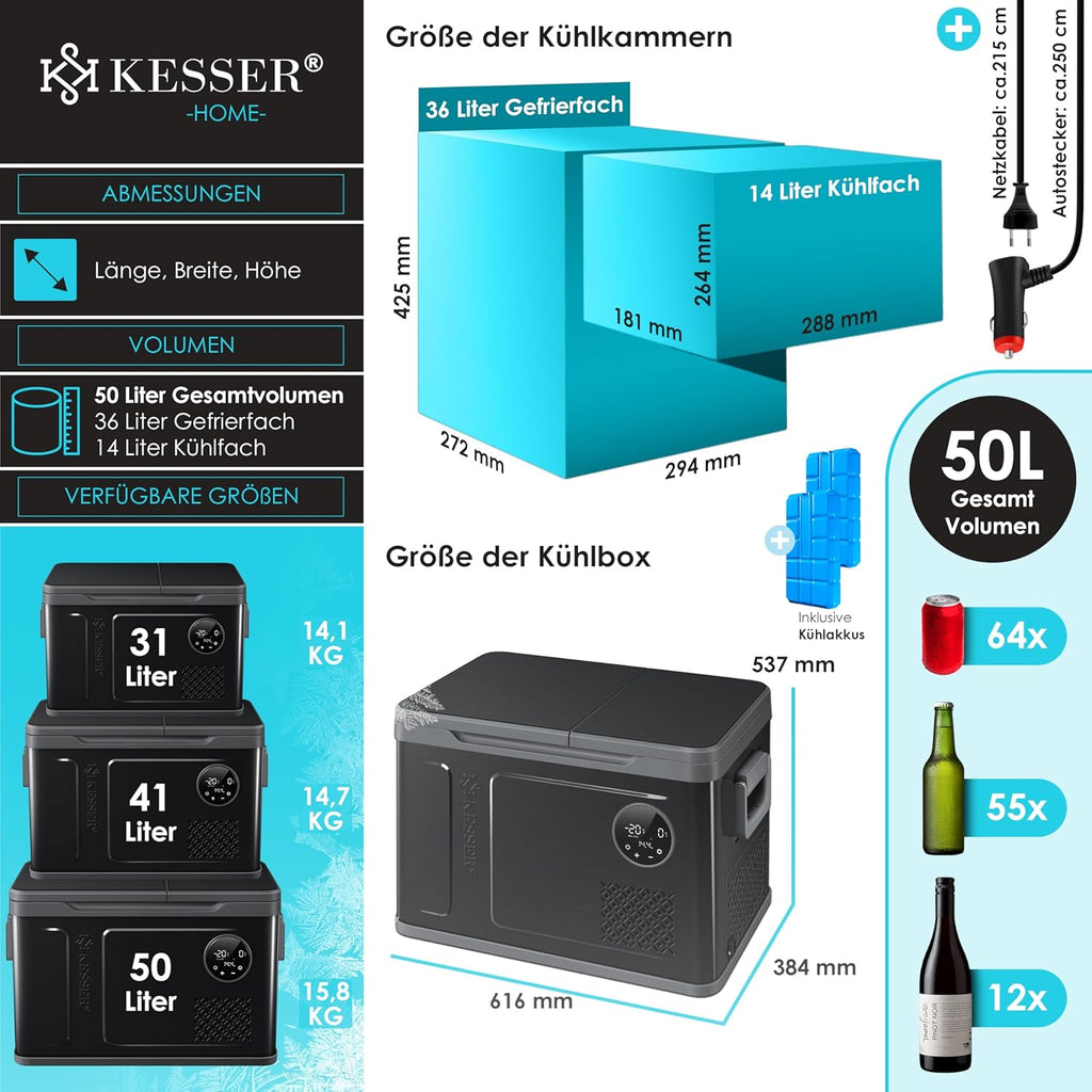 2026 Nevera portátil con compresor KESSER 2 en 1, doble zona de refrigeración y congelación, con 2 acumuladores de frío y control táctil LED | Refrigerador con capacidad de enfriamiento hasta -20 °C para camping, coche y camión, 12/24 V 230 V