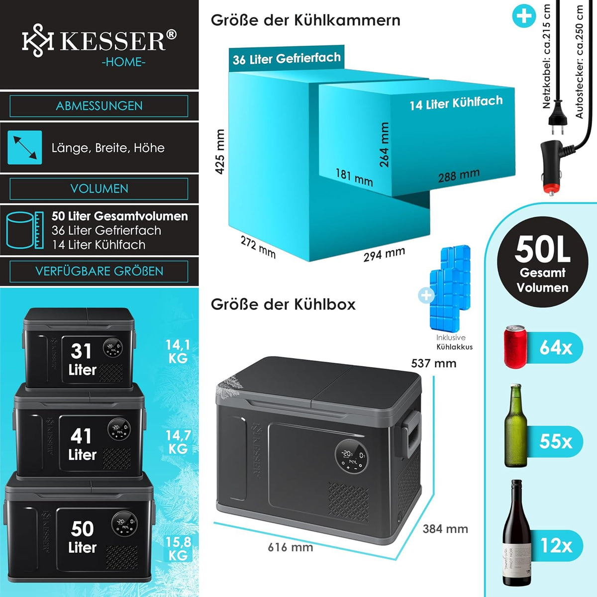 2026 Nevera portátil con compresor KESSER 2 en 1, doble zona de refrigeración y congelación, con 2 acumuladores de frío y control táctil LED | Refrigerador con capacidad de enfriamiento hasta -20 °C para camping, coche y camión, 12/24 V 230 V