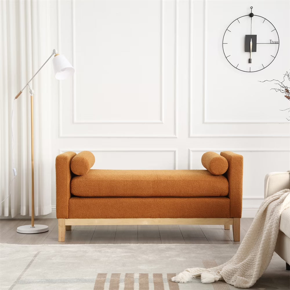 2026 New53.5"W Elegant Upholstered Bench with Wood Legs & Round Pillows,Comfy Boucle Fabric Footrest with Arms, Entryway Bench for End of Bed, Bedroom and Living Room, Ivory