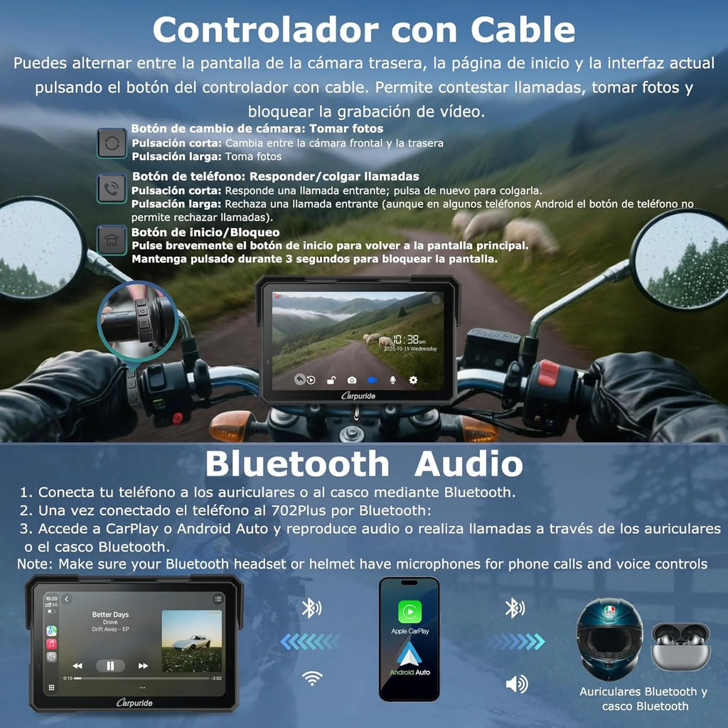 2026 Carpuride W702 Plus Android 14 Motocicleta Carplay Pantalla con Doble Cámara, CarPlay y Android Auto Inalámbricos,7" Pantalla Táctil Impermeable, Audio BT,Grabación Bucle, Navegación Online y Offline.