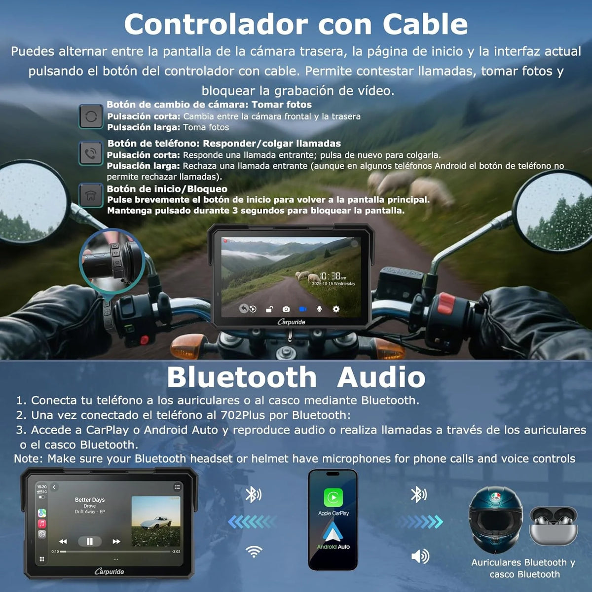 2026 Carpuride W702 Plus Android 14 Motocicleta Carplay Pantalla con Doble Cámara, CarPlay y Android Auto Inalámbricos,7" Pantalla Táctil Impermeable, Audio BT,Grabación Bucle, Navegación Online y Offline.