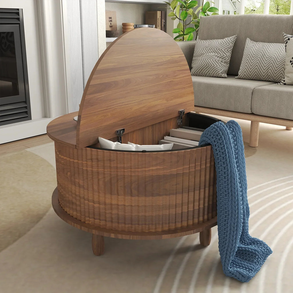 2026 NewRUMLIVE Round Coffee Table with Storage, 30.7" Modern Coffee Table with 360" Curved Sliding Door, Fluted Wood Coffee Table with Footpads, Round Center Table for Living Room, Black