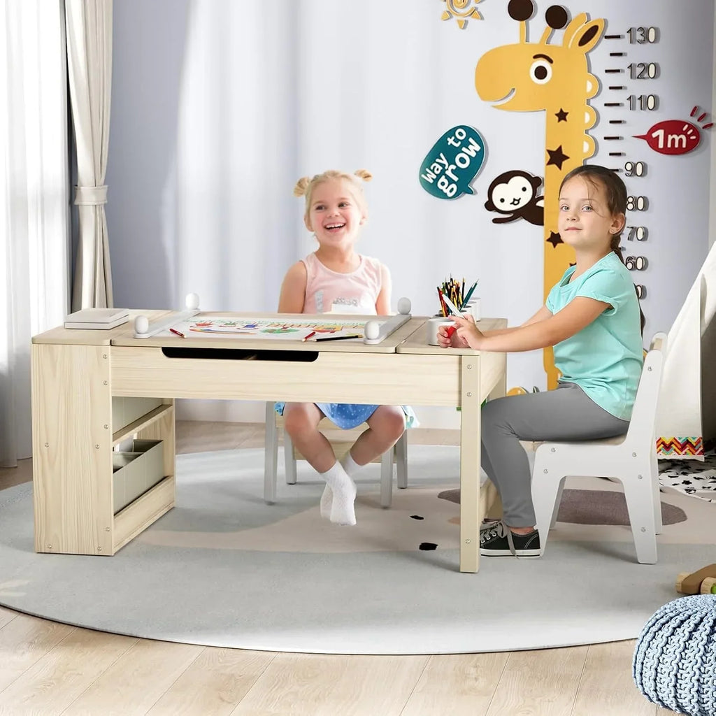 2026 NewLAZY BUDDY Kids Art Table and 2 Chairs Set, 2 in 1 Easel & Toddler Craft Table and Chairs Set with Storage Bins, Paint Cups and Paper Roll, Activity Table Set for Children 3+