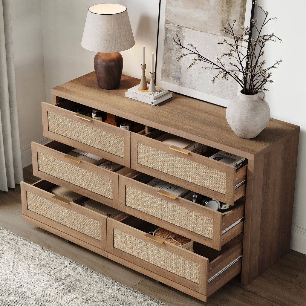2026 NewSICOTAS 56.85" 6 Drawer Dresser,Rattan Dresser with Storage,Boho Dressers & Chests of Drawers Wooden Tall Dresser for Bedroom