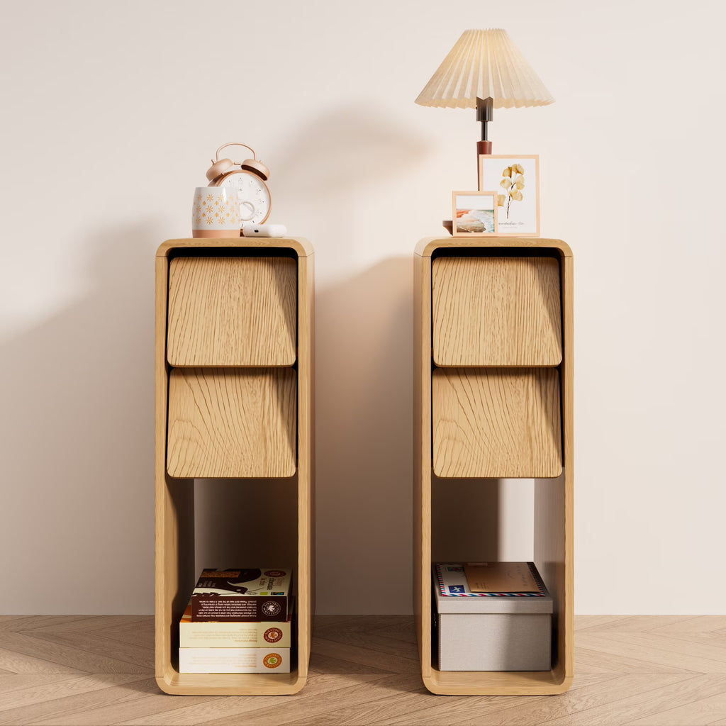 2026 NewNarrow Nightstand Set of 2 with Drawers, Fluted Slim Side End Table with Storage for Small Spaces