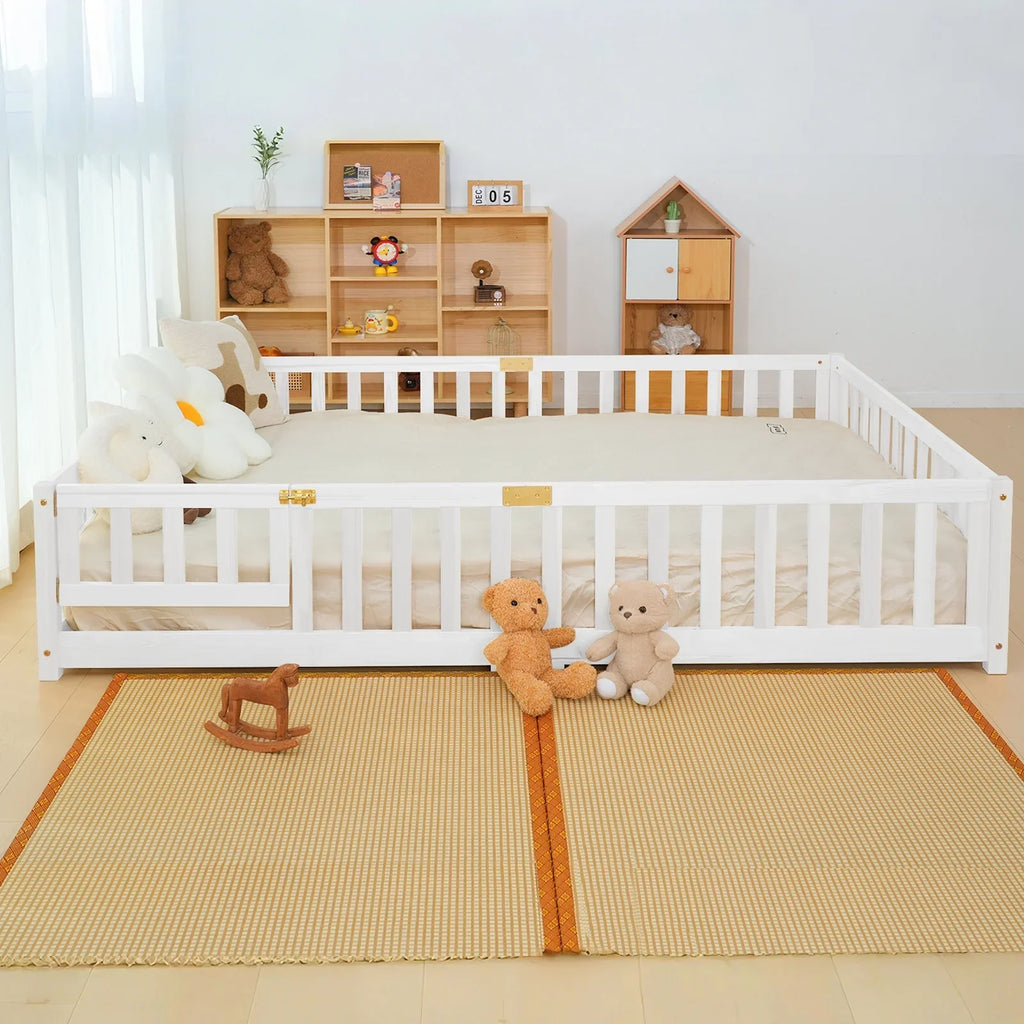 2026 NewSlsy Twin Size Toddler Floor Bed, Solid Wood Montessori Bed Frame with Fence & Door Montessori Floor Bed Crib with Safety Guardrails for Girls and Boys