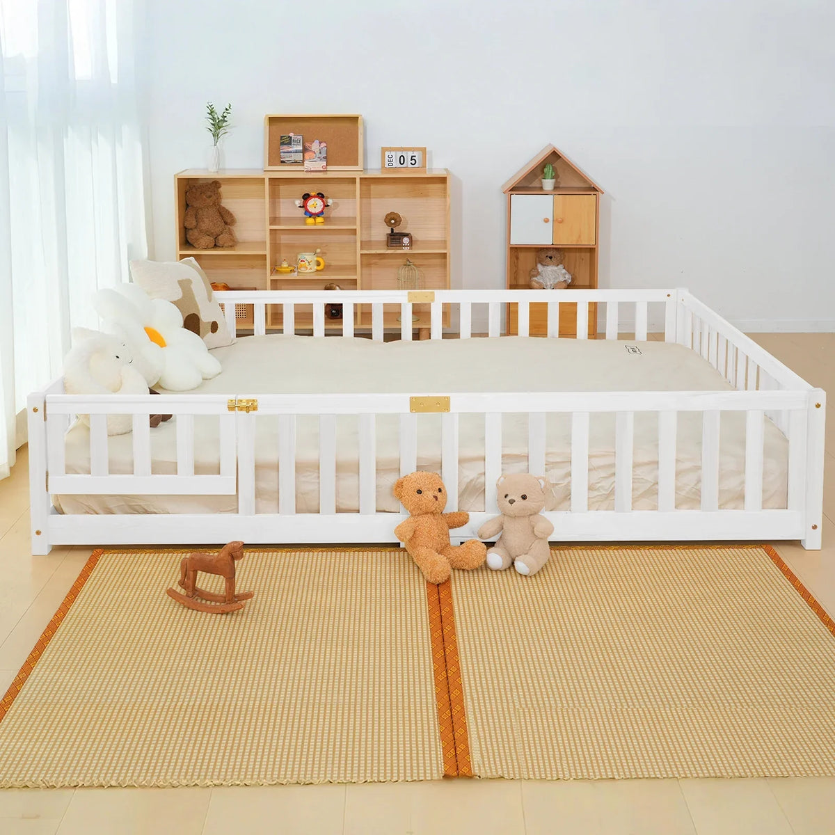 2026 NewSlsy Twin Size Toddler Floor Bed, Solid Wood Montessori Bed Frame with Fence & Door Montessori Floor Bed Crib with Safety Guardrails for Girls and Boys