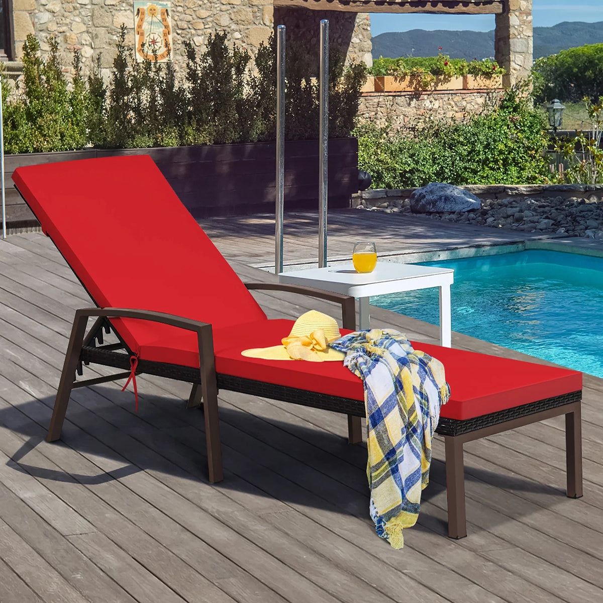 2026 NewCostway 2PCS Patio Rattan Lounge Chair Chaise Recliner Back Adjustable Cushioned Red