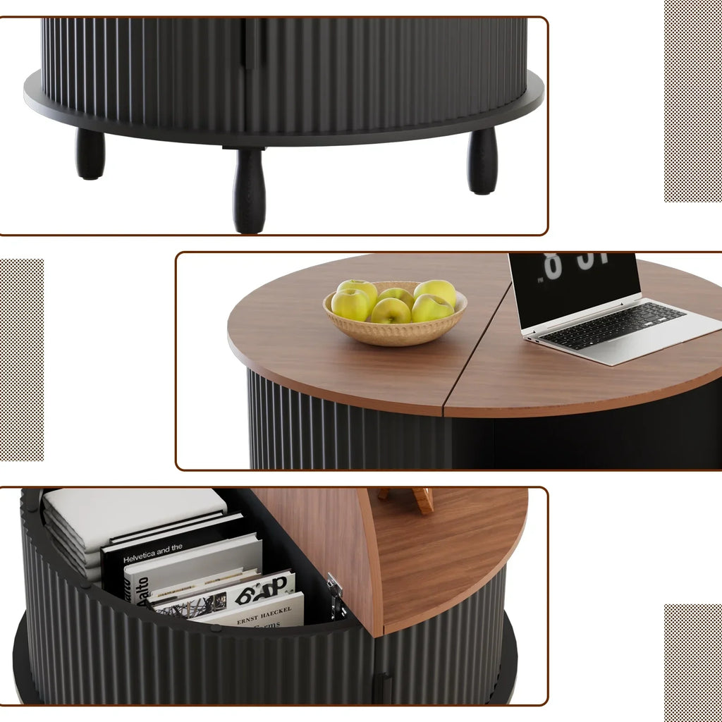 2026 NewRUMLIVE Round Coffee Table with Storage, 30.7" Modern Coffee Table with 360" Curved Sliding Door, Fluted Wood Coffee Table with Footpads, Round Center Table for Living Room, Black