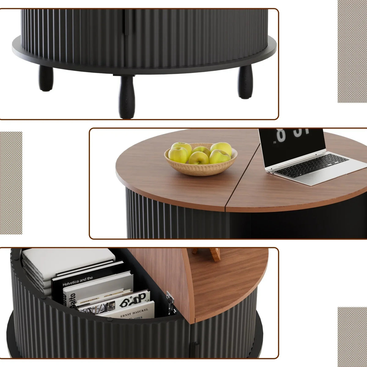 2026 NewRUMLIVE Round Coffee Table with Storage, 30.7" Modern Coffee Table with 360" Curved Sliding Door, Fluted Wood Coffee Table with Footpads, Round Center Table for Living Room, Black
