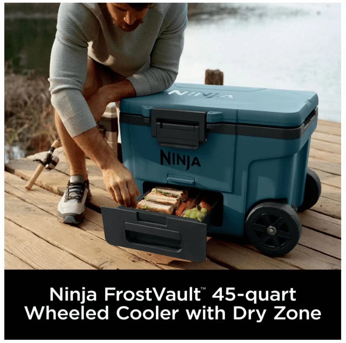 2026 NewNinja | Cooler | FrostVault 45QT Cooler with Wheels | Insulated with Temp Dry Storage Drawer | Keeps Ice Cold for Days | for The Beach, Camping, Picnics & More | Ocean Blue | FB245AOB