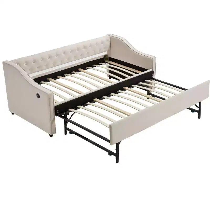 2026 Cama sofá Twin con cama nido, tapizada en terciopelo, puerto USB y bolsillos laterales - ModernLuxe