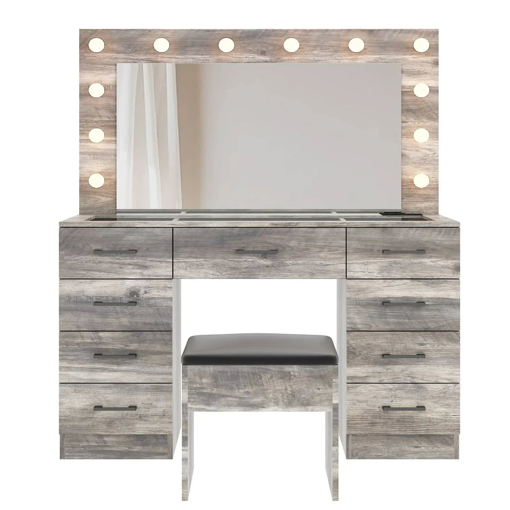 2026 NewKtaxon Large Makeup Vanity, Vanity Table Set w/ Visible Glass Top w/ Charging Station, White