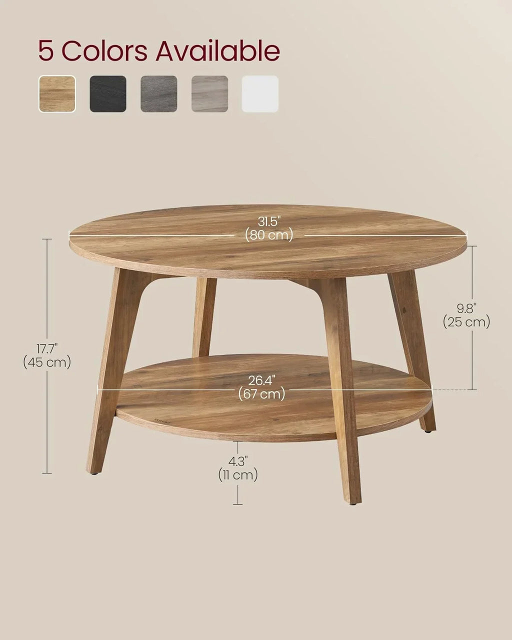2026 NewVASAGLE Round Coffee Table, 2 Tier Coffee Table with Storage, for Living Room, 31.5 x 17.7 Inches, Easy to Assemble, Honey Brown