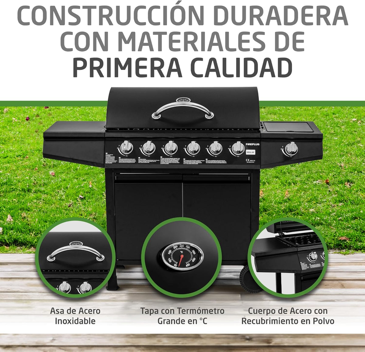 2026 Amig - Barbacoa de gas Fireplus 6 1 de 12,9 kW - Acero inoxidable Negro - Parrilla con ruedas Modelo GRILL-6F - Barbacoa XXL con carro y termómetro - 138x52x103 cm - 7 quemadores y Bandeja lateral