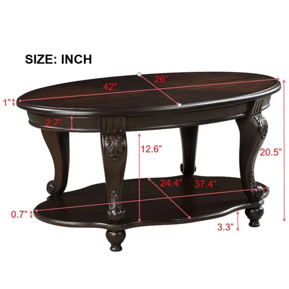 2026 New42" Oval Coffee Table with Storage Shelf, 2-Tier Solid Wood Cocktail Tea Table, Traditional Retro Center Table for Living Room, Bearing 400LBS, Cherry