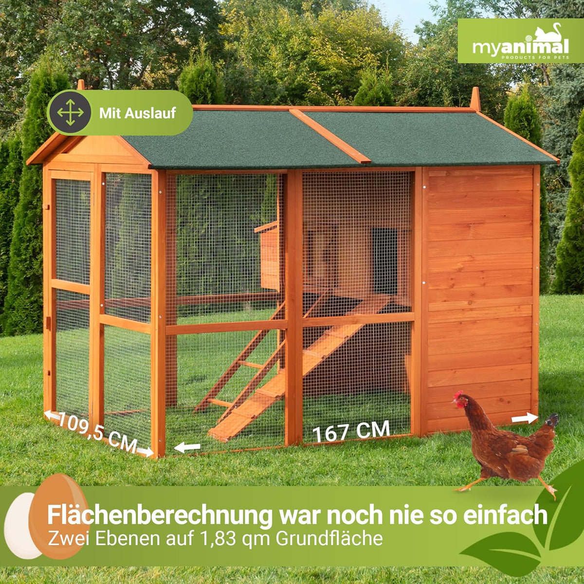2026 Gallinero Miweba MyAnimal MH-15 XXL | 186x146x147 cm - Para 7 gallinas - Nido con corral - Percha - Resistente al invierno - 2 niveles - Gallinero con zona de puesta de huevos - Madera de pino - Aviario (Marrón)