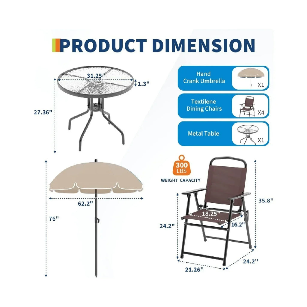 2026 New6 Pieces Outdoor Dining Set With Umbrella, Patio Table and 4 Folding Chairs With Umbrella, Garden Patio Furniture Set With Umbrellas, Tempered Glass Top Dining Table