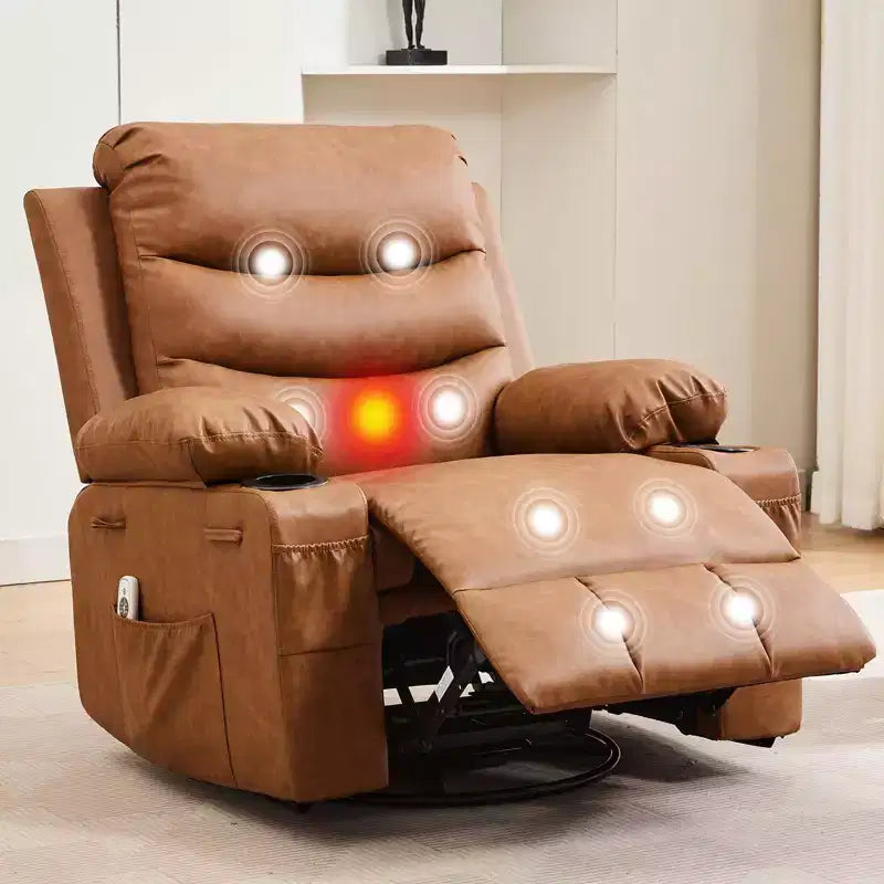 2026 Sillón reclinable mecedora giratorio 360° extragrande con masaje y calor, portavasos y bolsillos