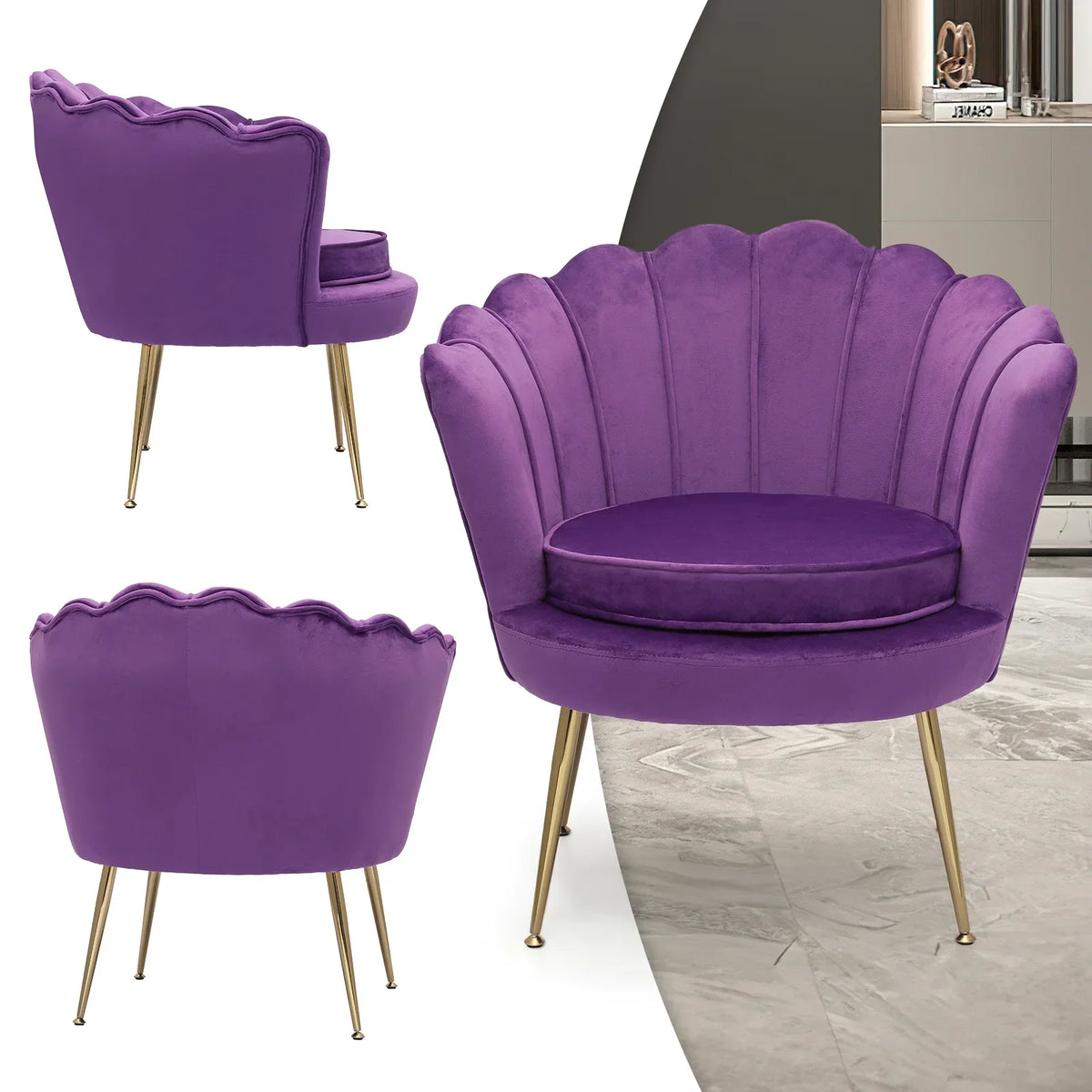2026 NewMoNiBloom Set of 2 Velvet Tufted Accent Chair with Pillow and Stool, Upholstered Modern Single Sofa Side Chair with Padded Seat and Golden Metal Legs, Living Room Armchair, Black