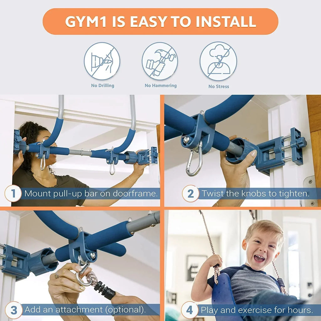 2026 NewGym1 - Deluxe Indoor Doorway Gym for Kids Playground Set - All in One Gym Set - Four Ways of Fun: Blue Indoor Swing, Plastic Rings, Climbing Ladder, and Pull Up Bar