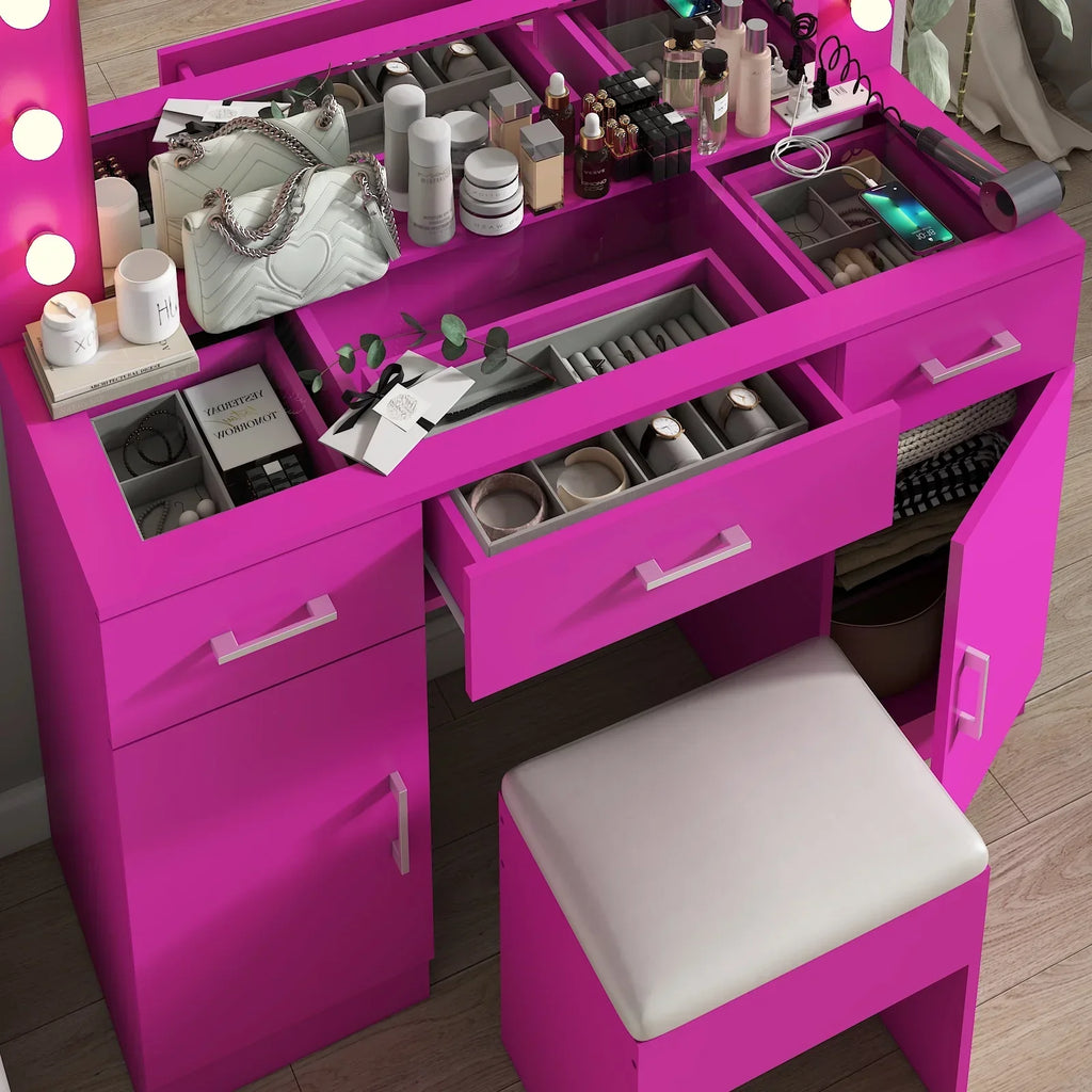 2026 NewKtaxon Large Makeup Vanity, Vanity Table Set w/ Visible Glass Top w/ Charging Station, White