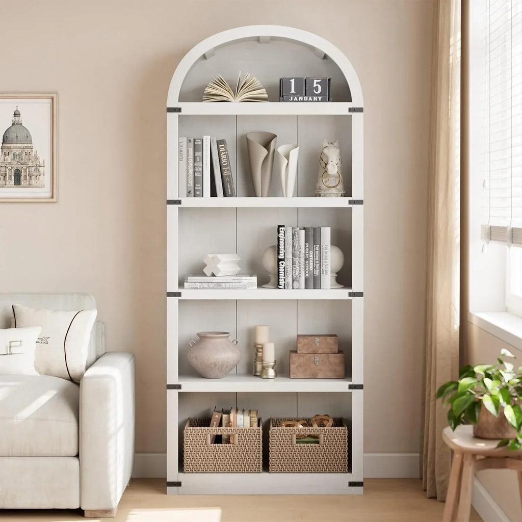 2026 NewBookcase 5 Shelf Arched Bookshelf 71.65in Tall Bookcase Farmhouse Display Storage Rack Wooden Bookshelves for Home Office, Living Room(white)