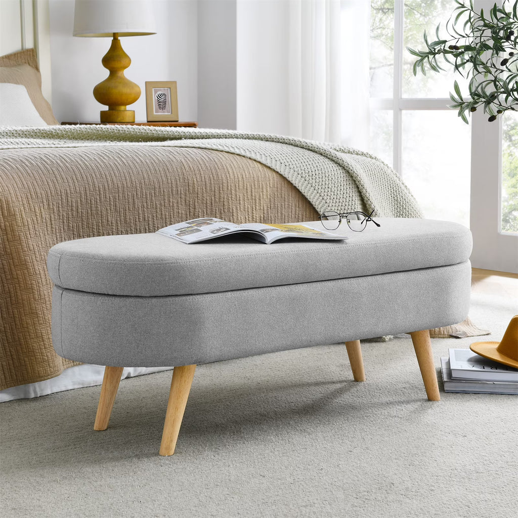 2026 New43.5" Oval Storage Ottoman Bench with Solid Wood Legs, Linen Fabric Upholstered Entryway Bench with Safety Hinge, Indoor Bench for End of Bed, Sofa Side, Entryway