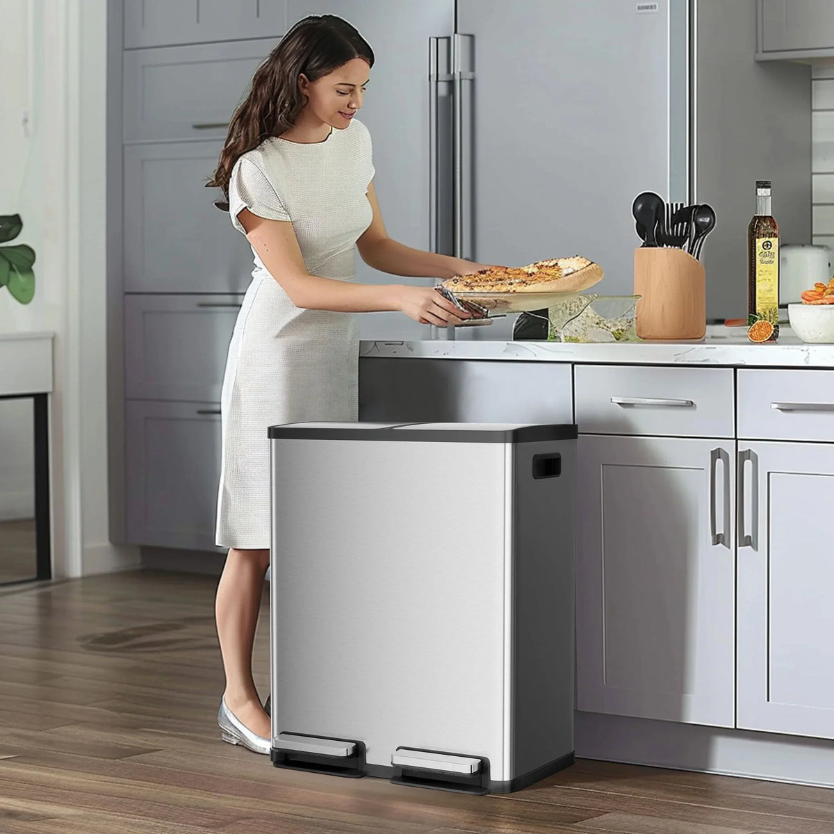 2026 NewEDX 2 x 8.3 Gallon Dual Garbage Recycle Trash Can with Lid, Inner Buckets for Kitchen, Stainless Steel, Sliver