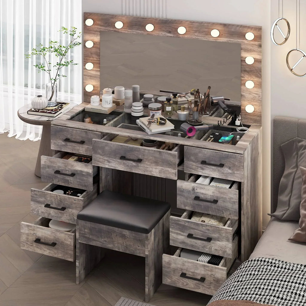2026 NewKtaxon Large Makeup Vanity, Vanity Table Set w/ Visible Glass Top w/ Charging Station, White