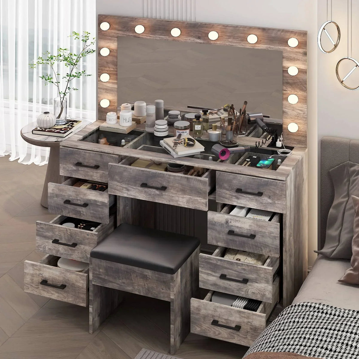 2026 NewKtaxon Large Makeup Vanity, Vanity Table Set w/ Visible Glass Top w/ Charging Station, White