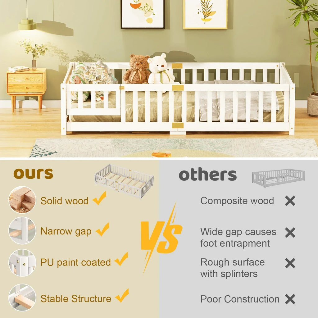 2026 NewSlsy Twin Size Toddler Floor Bed, Solid Wood Montessori Bed Frame with Fence & Door Montessori Floor Bed Crib with Safety Guardrails for Girls and Boys
