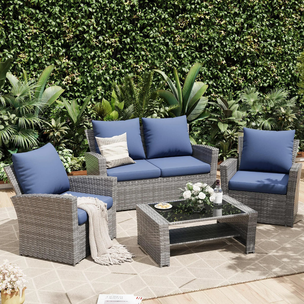 2026 NewUDPATIO Wicker Patio Furniture Set, 4 Piece Outdoor Sectional Conversation Sets, Gray PE Rattan Patio Sofa Set for Balcony, Porch, Backyard, Grey
