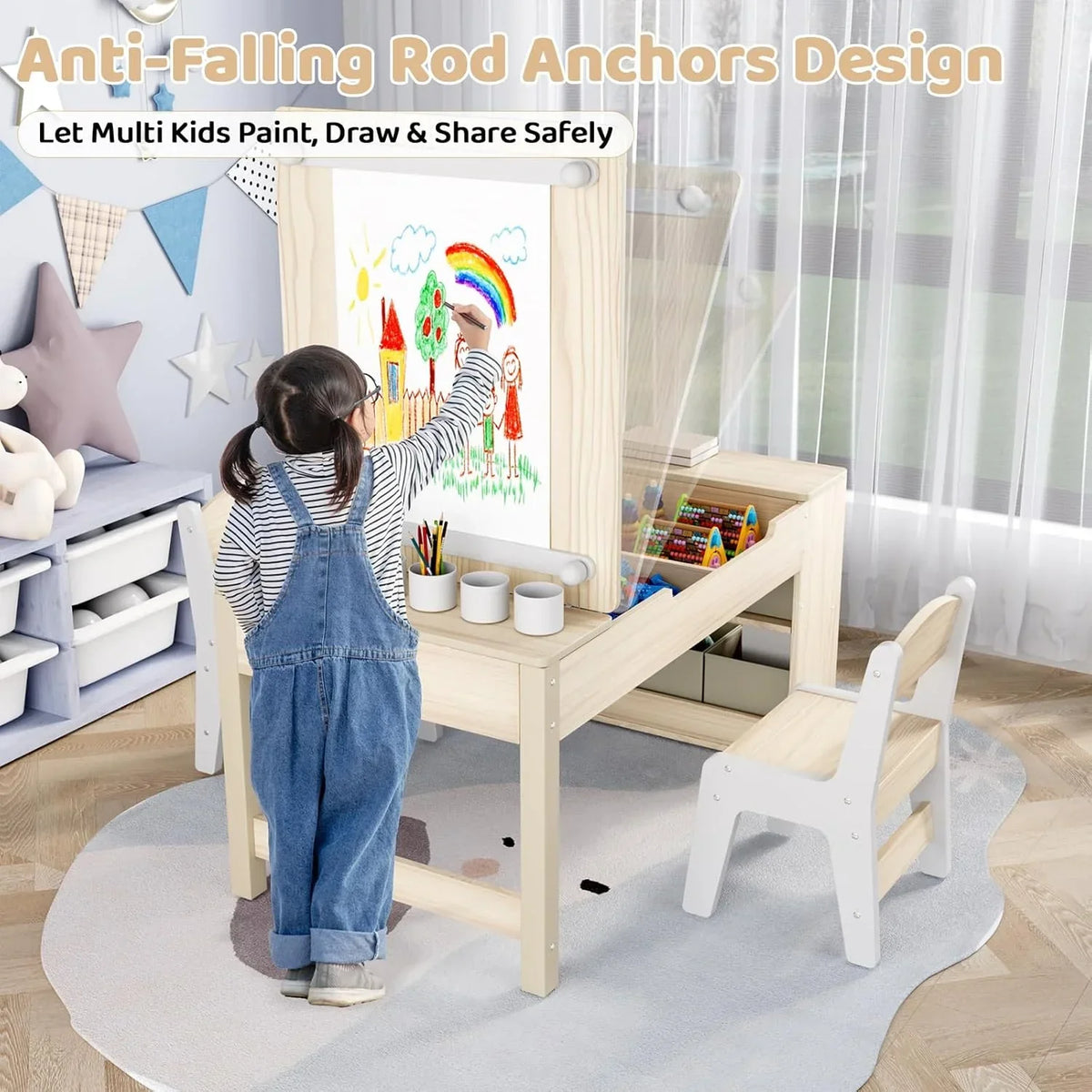 2026 NewLAZY BUDDY Kids Art Table and 2 Chairs Set, 2 in 1 Easel & Toddler Craft Table and Chairs Set with Storage Bins, Paint Cups and Paper Roll, Activity Table Set for Children 3+