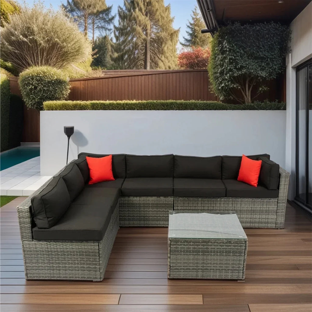 2026 New7 Piece Patio Furniture Sets Outdoor Sectional PE Rattan Outdoor Furniture Patio Conversation Set with Cushions and Glass Coffee Table, for Balcony Lawn and Garden, Gray