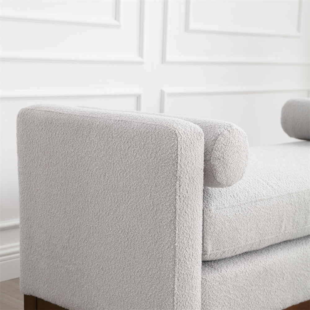 2026 New53.5"W Elegant Upholstered Bench with Wood Legs & Round Pillows,Comfy Boucle Fabric Footrest with Arms, Entryway Bench for End of Bed, Bedroom and Living Room, Ivory