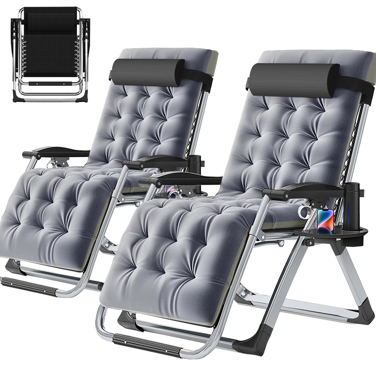2026 NewNAIZEA 2 Pack Zero Gravity Chair, Foldable Portable Lawn Recliner with Cushion, Headrest, Cup Holder, Black
