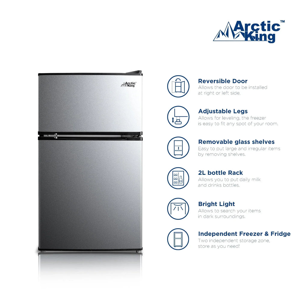 2026 NewArctic King 3.2 Cu ft Two Door Mini Fridge with Freezer, Stainless Steel, E-Star, ARM32D5ASL