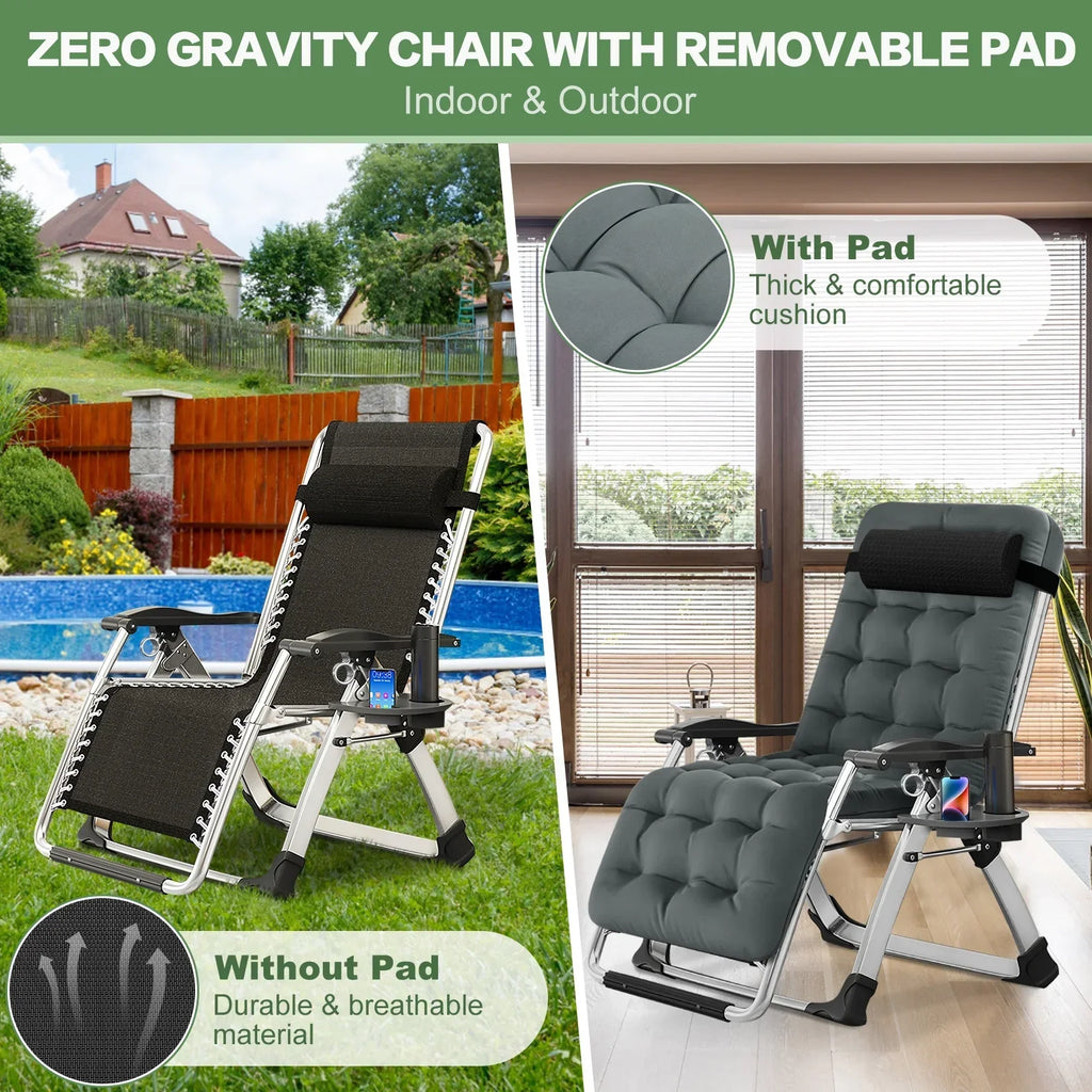 2026 NewNAIZEA 2 Pack Zero Gravity Chair, Foldable Portable Lawn Recliner with Cushion, Headrest, Cup Holder, Black