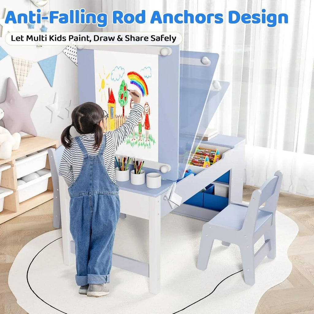 2026 NewLAZY BUDDY Kids Art Table and 2 Chairs Set, 2 in 1 Easel & Toddler Craft Table and Chairs Set with Storage Bins, Paint Cups and Paper Roll, Activity Table Set for Children 3+