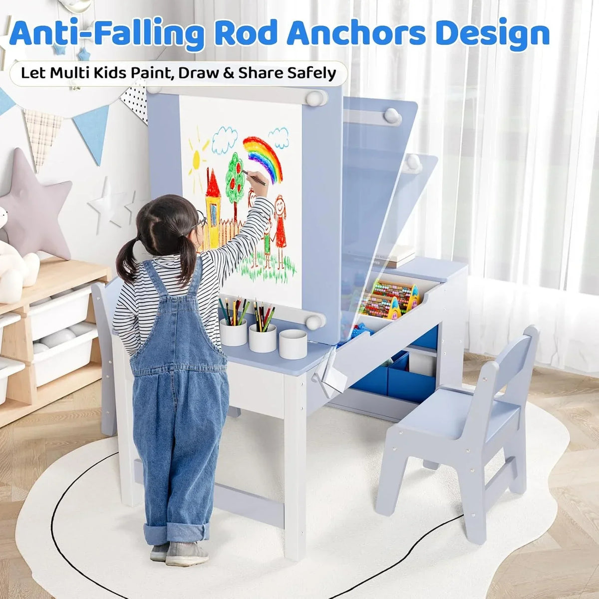 2026 NewLAZY BUDDY Kids Art Table and 2 Chairs Set, 2 in 1 Easel & Toddler Craft Table and Chairs Set with Storage Bins, Paint Cups and Paper Roll, Activity Table Set for Children 3+