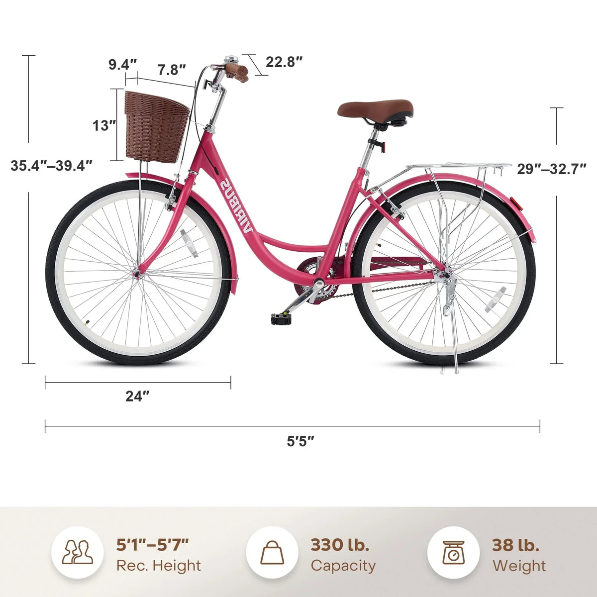 2026 NewViribus Women's Comfort Bike 24 inch Beach & City Cruiser Bicycle with Basket Rack White