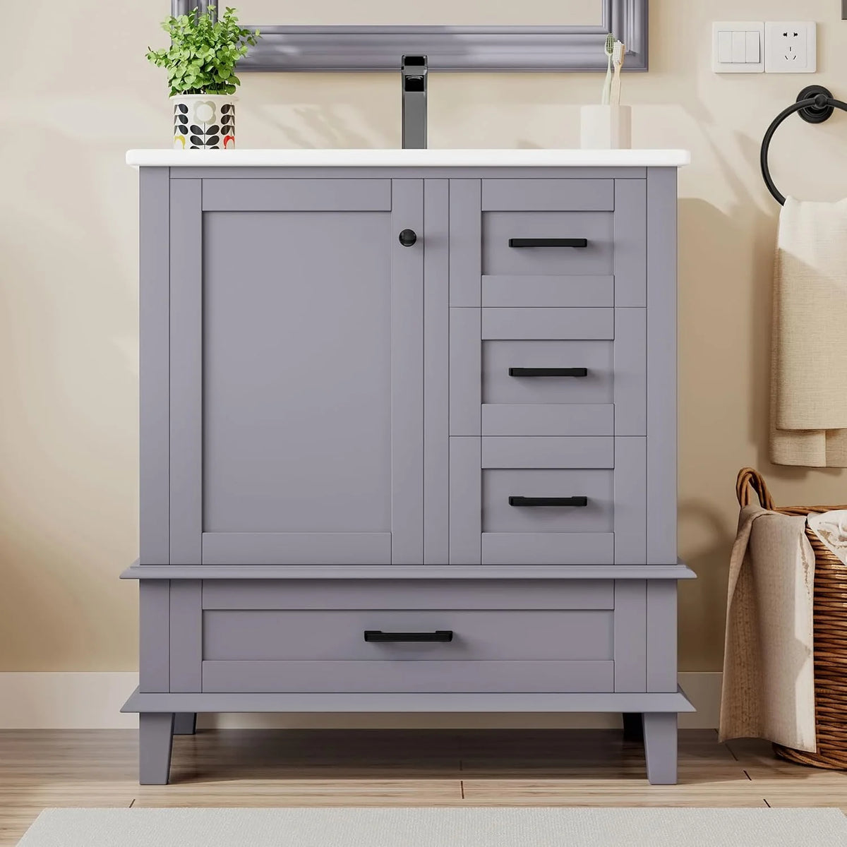 2026 Armario de Baño Lcoho 76 x 46 x 83,5 cm con Lavabo, Lacado Completo, Estantería para Puerta, Tres Cajones Silenciosos, Lavabo de Cerámica Integrado (Gris)